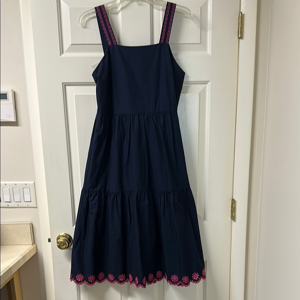 J. Crew Blue Sundress with Pink Trim and Square Neck